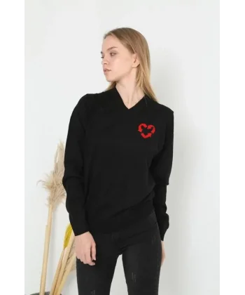 Uzun Kol V Yaka Baskılı Dokuma Triko - Siyah