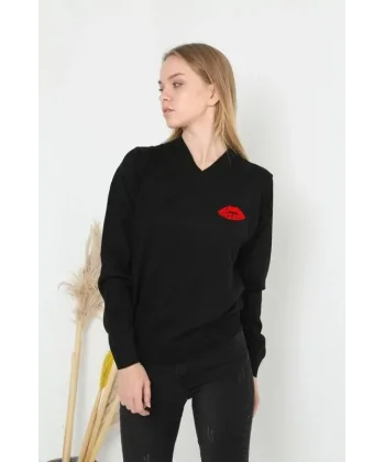 Uzun Kol V Yaka Baskılı Dokuma Triko - Siyah