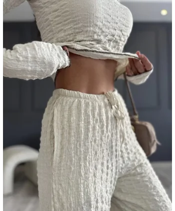 Uzun Kollu Badi ve Pantolon İkili Takım - Bej