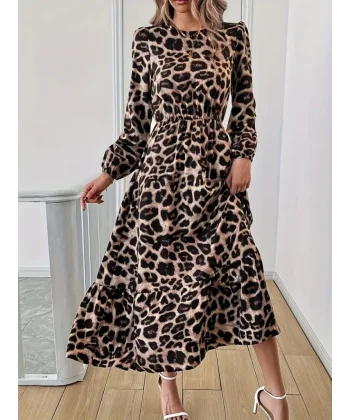 Uzun Kollu Bisiklet Yaka Leopar Desenli Midi Süprem Elbise