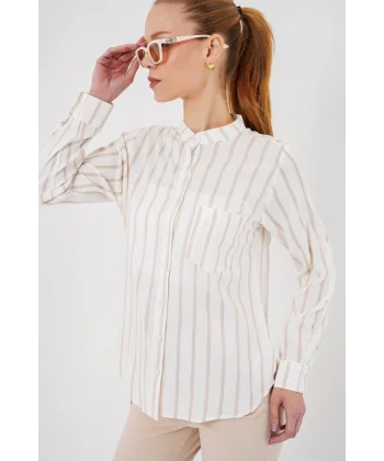 Uzun Kollu Çizgili Gömlek 20283 - Bej