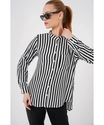 Uzun Kollu Çizgili Gömlek 20283 - Beyaz