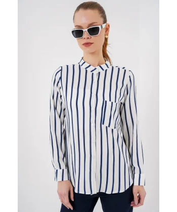 Uzun Kollu Çizgili Gömlek 20283 - B.Lacivert