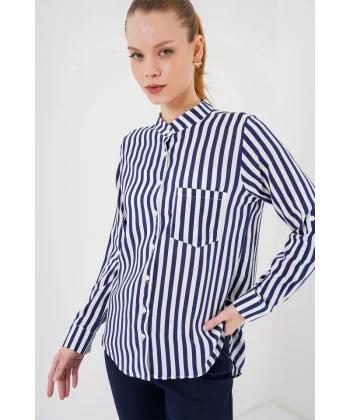 Uzun Kollu Çizgili Gömlek 20283 - Lacivert