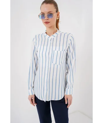 Uzun Kollu Çizgili Gömlek 20283 - Mavi