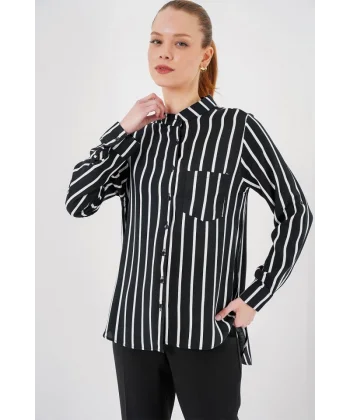 Uzun Kollu Çizgili Gömlek 20283 - Siyah
