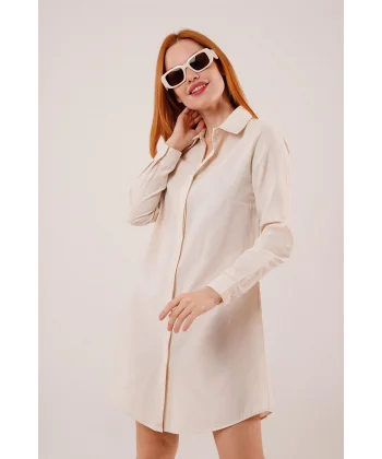 Uzun Kollu Ekru Tunik Gömlek Elbise