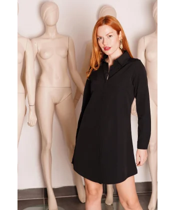 Uzun Kollu Koyu iyah Tunik Gömlek Elbise