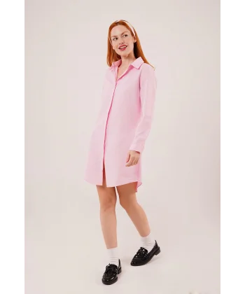 Uzun Kollu Koyu Pembe Tunik Gömlek Elbise