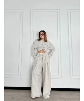 Uzun Kollu Önü İp Büzgülü Crop ve Pantolon İkili Takım - Gri