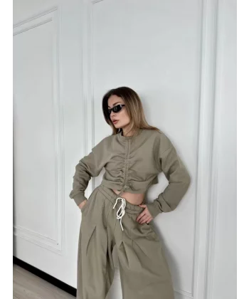 Uzun Kollu Önü İp Büzgülü Crop ve Pantolon İkili Takım - Haki