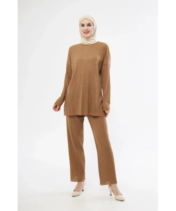 Uzun Kollu Organik Yıkanmış Kumaş Fitilli Pantolonlu Takım - Kahve