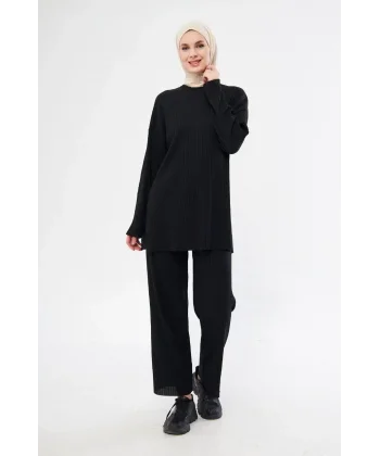 Uzun Kollu Organik Yıkanmış Kumaş Fitilli Pantolonlu Takım - Siyah