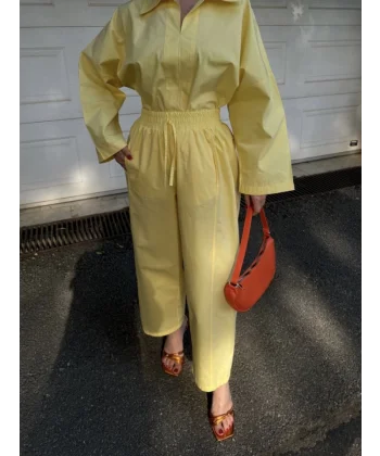 Uzun Kollu Yakalı Gömlek Pantalon Takım- Sarı