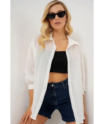 Uzun Oversize Gömlek 20320 - Beyaz