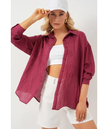 Uzun Oversize Gömlek 20320 - Bordo