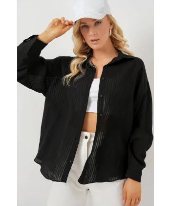 Uzun Oversize Gömlek 20320 - Siyah