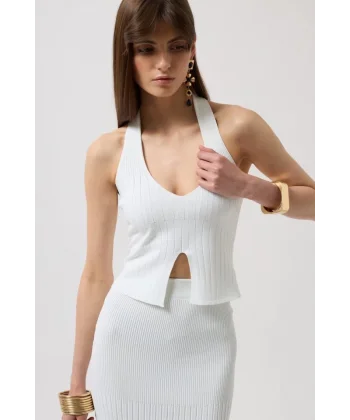 V Detay Dokulu Crop Bluz