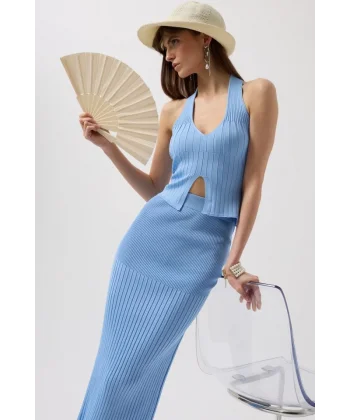 V Detay Dokulu Crop Bluz