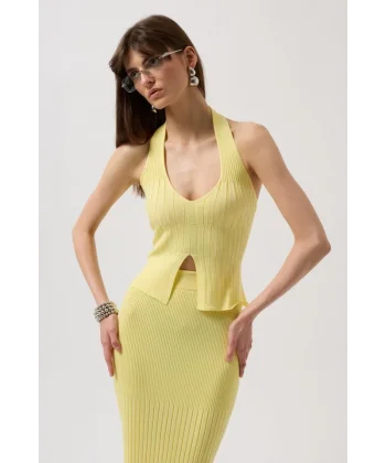 V Detay Dokulu Crop Bluz