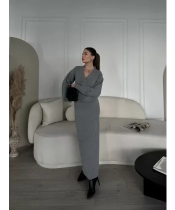 V Yaka 3 Düğmeli Hırka Takım Triko İkili Etekli - Gri