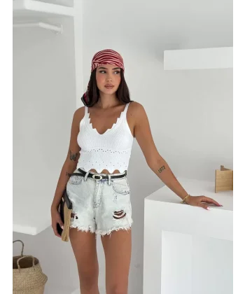 V Yaka Askılı Arkası Açık Triko Crop - Beyaz