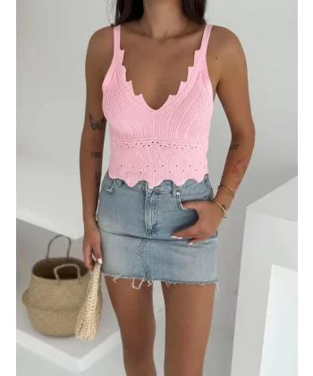 V Yaka Askılı Arkası Açık Triko Crop - Toz Pembe