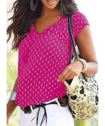 V Yaka Baskılı Mikro Kumaş Bluz