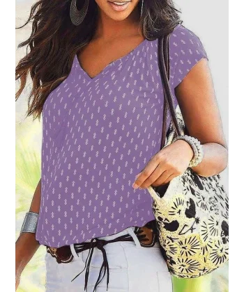 V Yaka Baskılı Mikro Kumaş Bluz