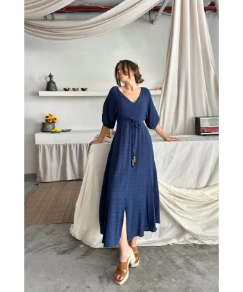 V YAKA BEL BONCUK BAĞLAMALI MÜSLİN ELBİSE YIRTMAÇ DETAYLI - Lacivert