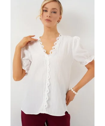 V Yaka Dantelli Bluz 956 - Beyaz