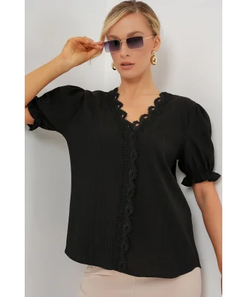 V Yaka Dantelli Bluz 956 - Siyah