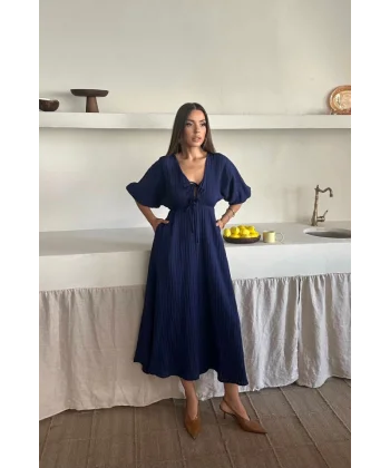 V YAKA DÖKÜMLÜ ELBİSE - Lacivert