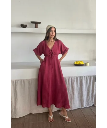 V YAKA DÖKÜMLÜ ELBİSE - Pembe