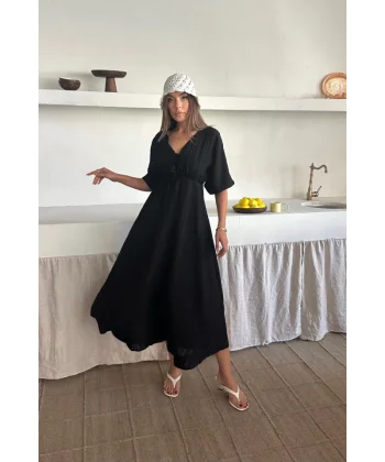 V YAKA DÖKÜMLÜ ELBİSE - Siyah