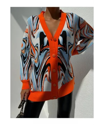 V Yaka Düğmeli Oversize Ebruli Desen Hırka