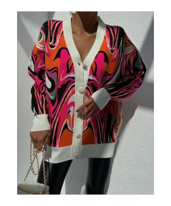 V Yaka Düğmeli Oversize Ebruli Desen Hırka