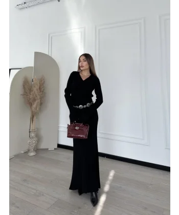 V Yaka Fitilli Uzun Elbise- Siyah