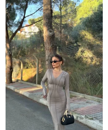 V Yaka Karoyaka Dikişli Yırtmaçlı Uzun Elbise - Taş