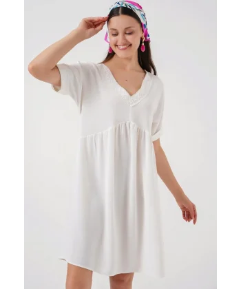 V Yaka Kısa Kol Elbise 2567 - Beyaz