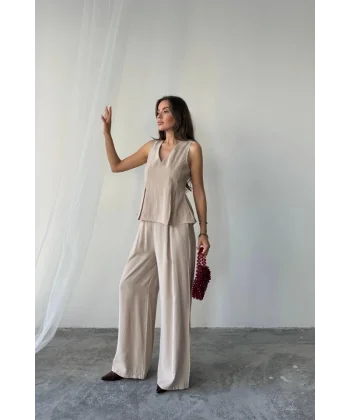 V YAKA KOLSUZ BLUZ - PANTOLON TAKIM MODAL KUMAŞ - Bej