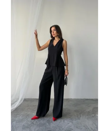 V YAKA KOLSUZ BLUZ - PANTOLON TAKIM MODAL KUMAŞ - Siyah