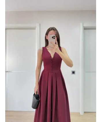 V yaka Krep Arka Ön Pens Detaylı Uzun Kolsuz Elbise - Bordo