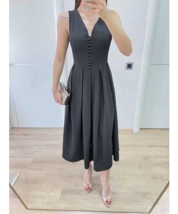 V yaka Krep Arka Ön Pens Detaylı Uzun Kolsuz Elbise - Siyah