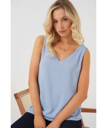 V Yaka Sıfır Kol Bluz 950 - Mavi
