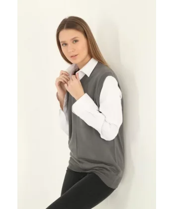 V Yaka Süveter  Gri