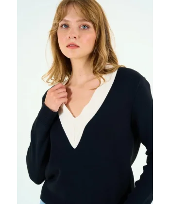 V Yaka Triko Kazak - Siyah-Krem