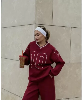 V Yaka Üç İplik Sweat Takım - Bordo