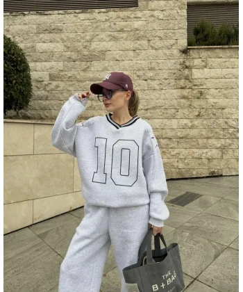 V Yaka Üç İplik Sweat Takım - Gri