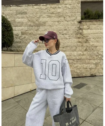 V Yaka Üç İplik weat Takım  Gri